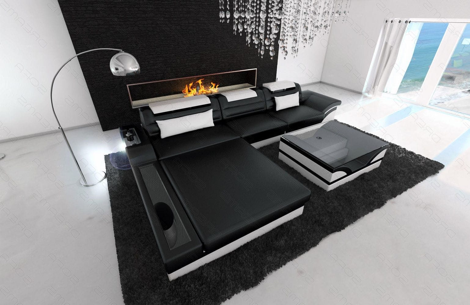 Mini Designer Ledersofa Parma L-Form Schwarz-Weiß