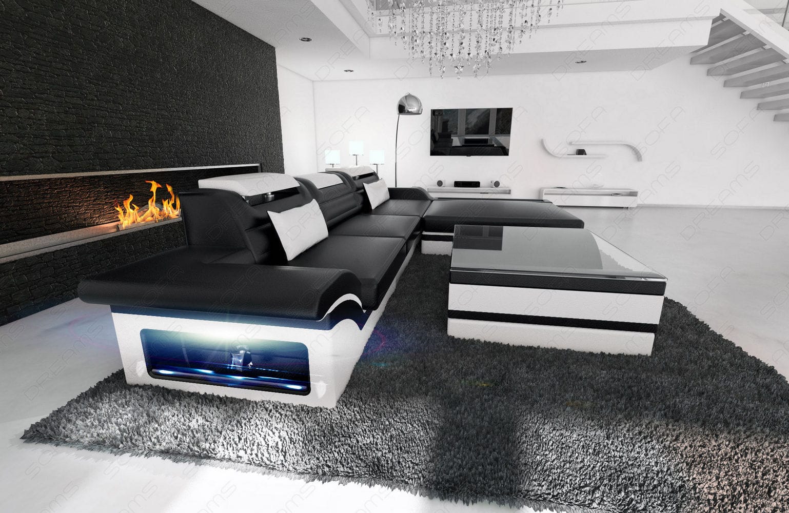 Mini Designer Ledersofa Parma L-Form Schwarz-Weiß