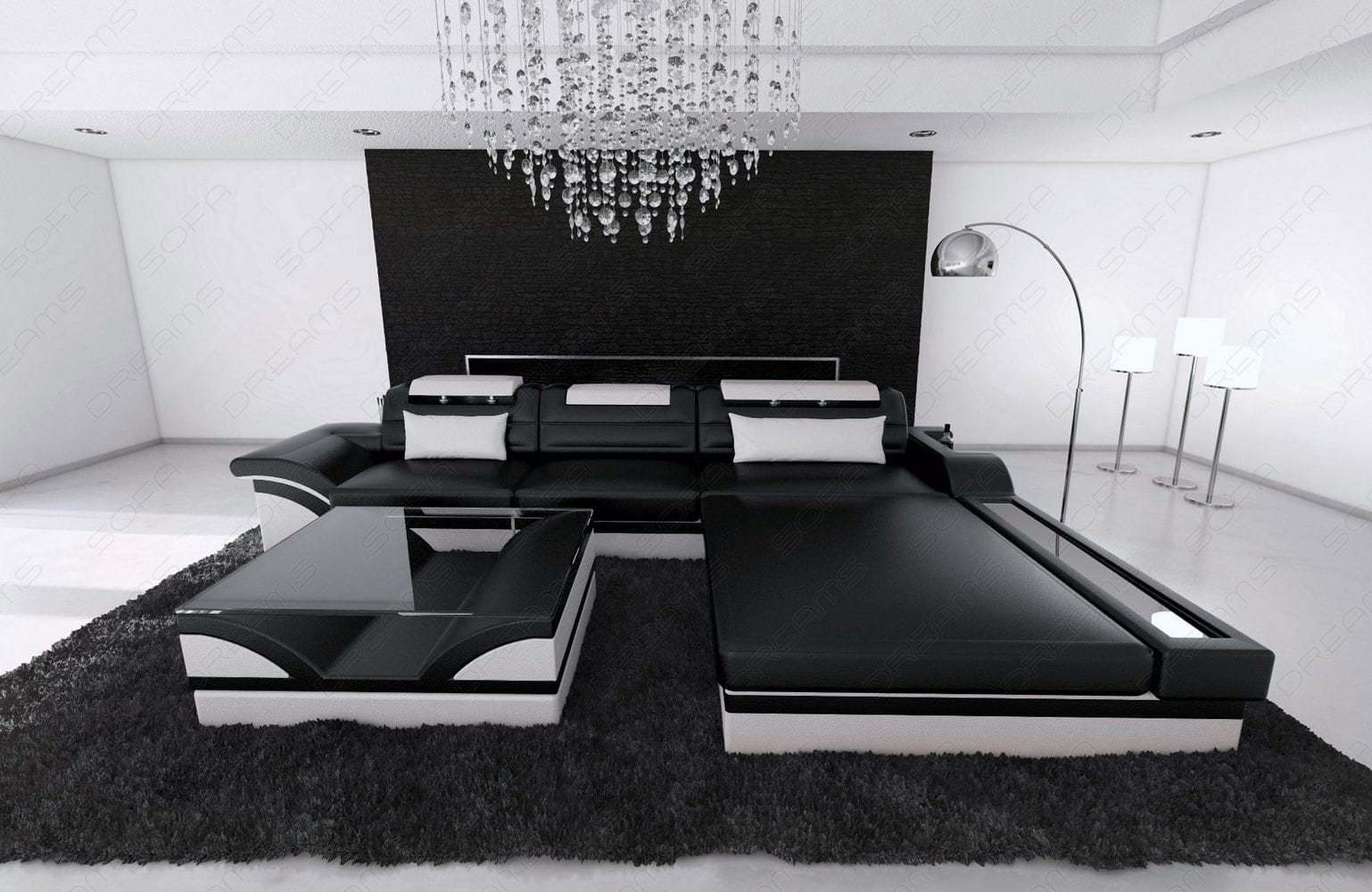 Mini Designer Ledersofa Parma L-Form Schwarz-Weiß