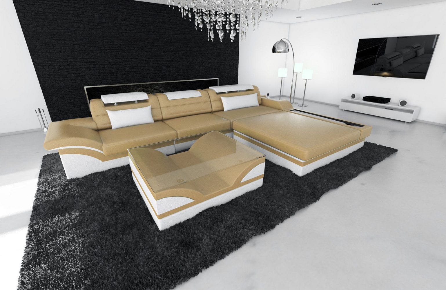 Mini Designer Ledersofa Parma L-Form Sandbeige-Weiß