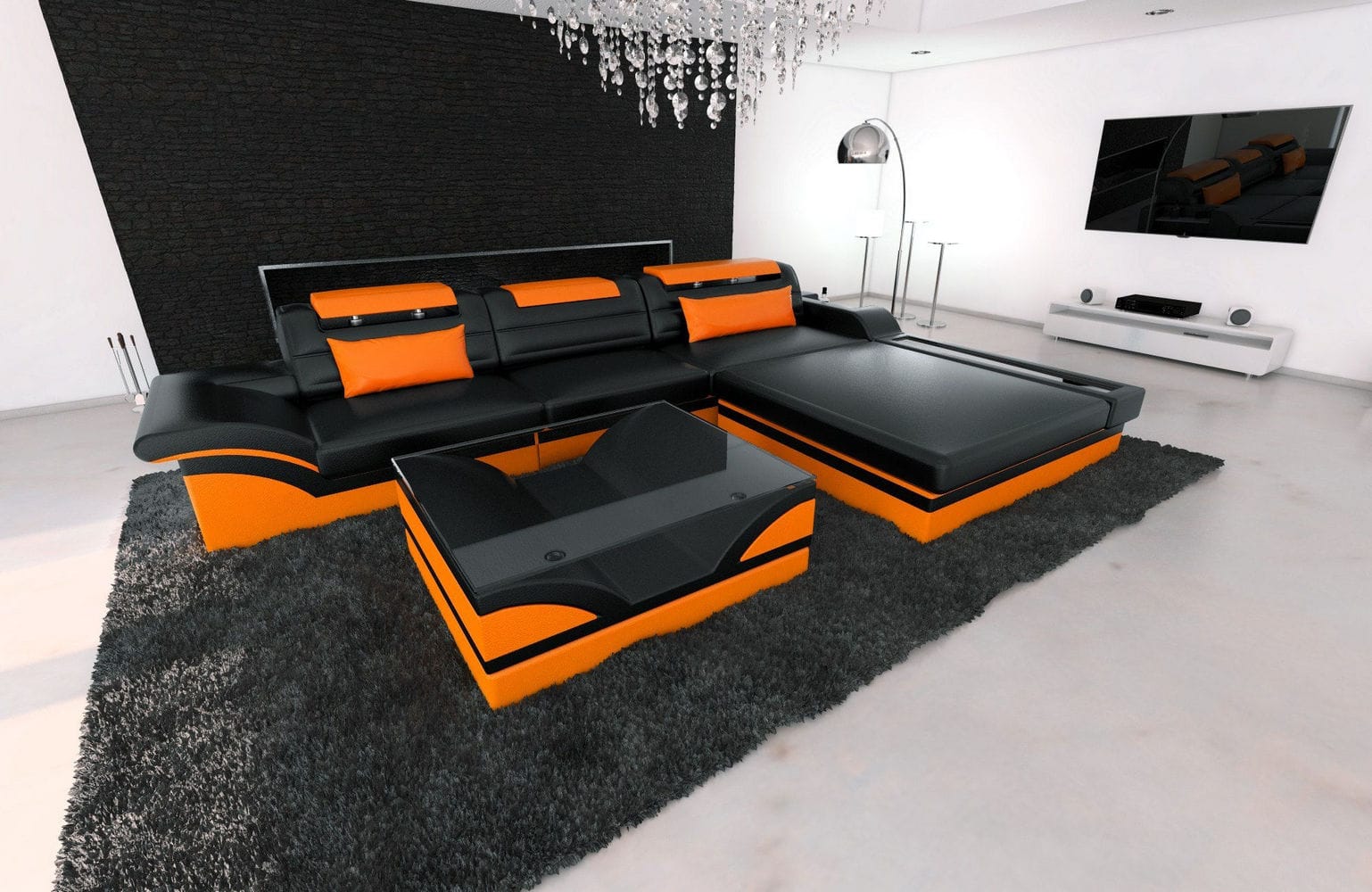 Mini Designer Ledersofa Parma L-Form Schwarz-Orange