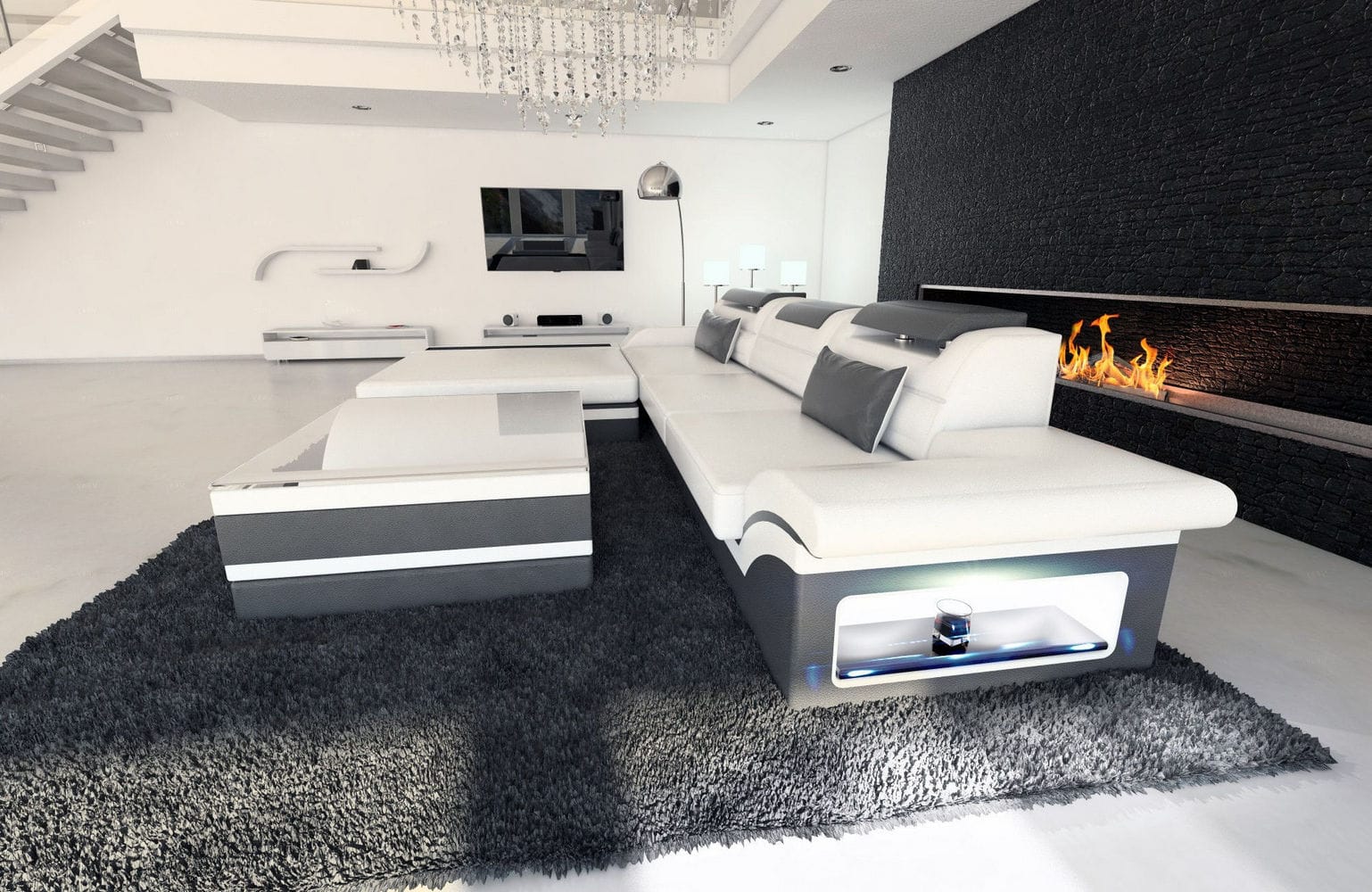 Mini Designer Ledersofa Parma L-Form Weiß-Grau