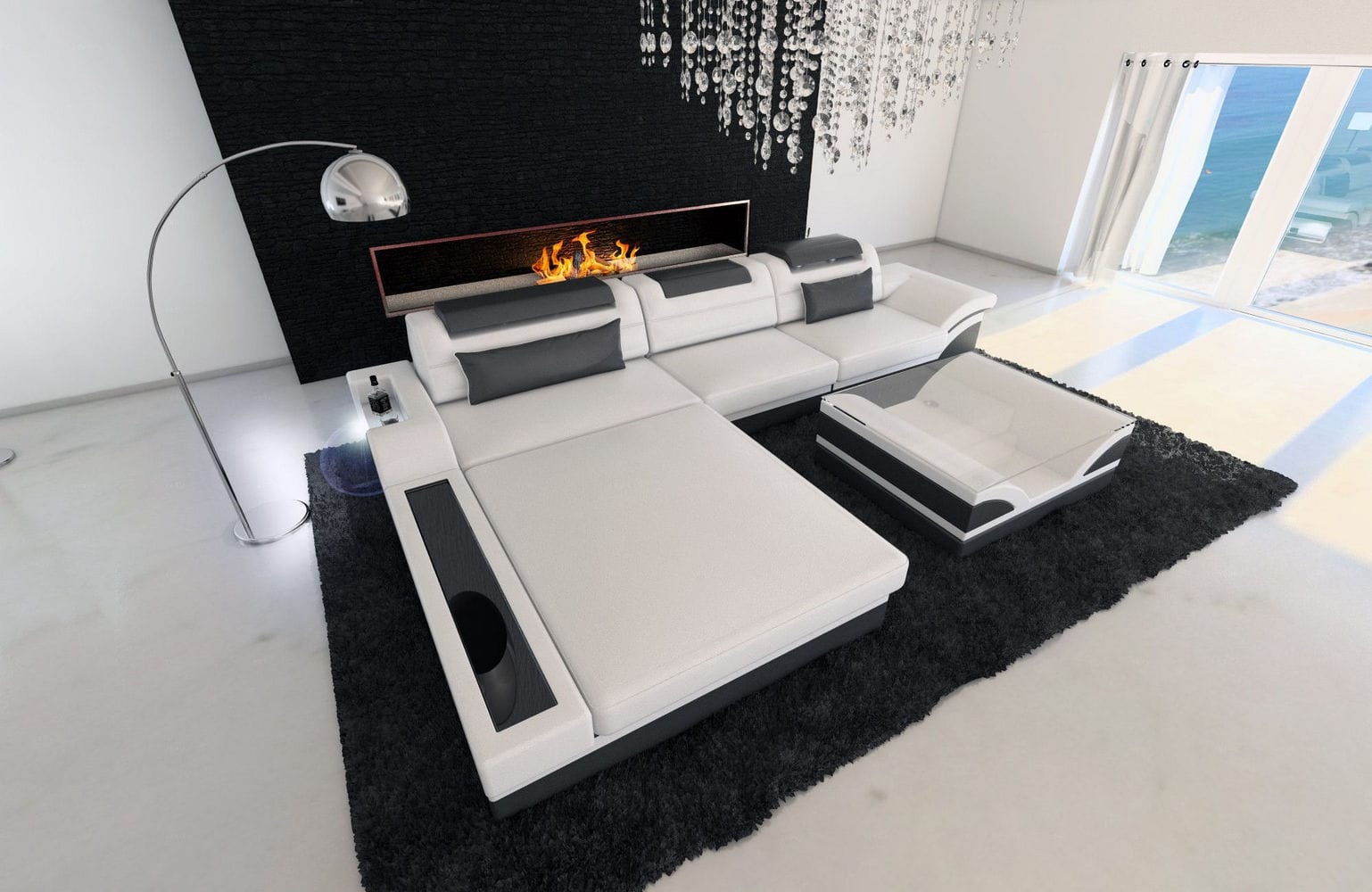 Mini Designer Ledersofa Parma L-Form Weiß-Grau