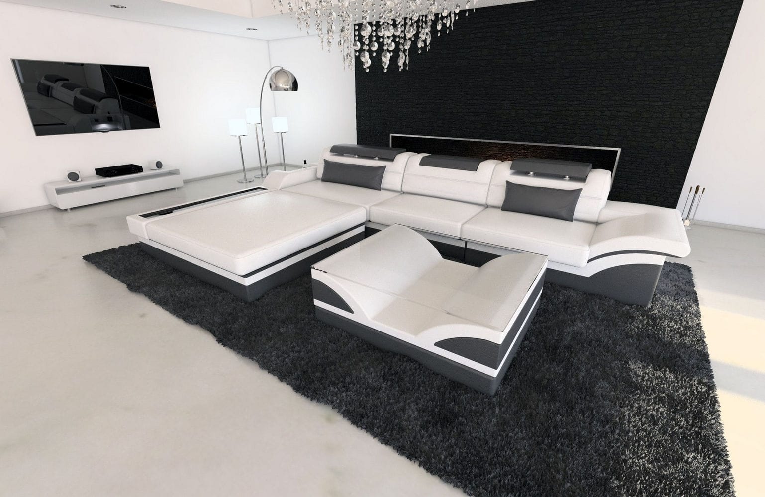 Mini Designer Ledersofa Parma L-Form Weiß-Grau