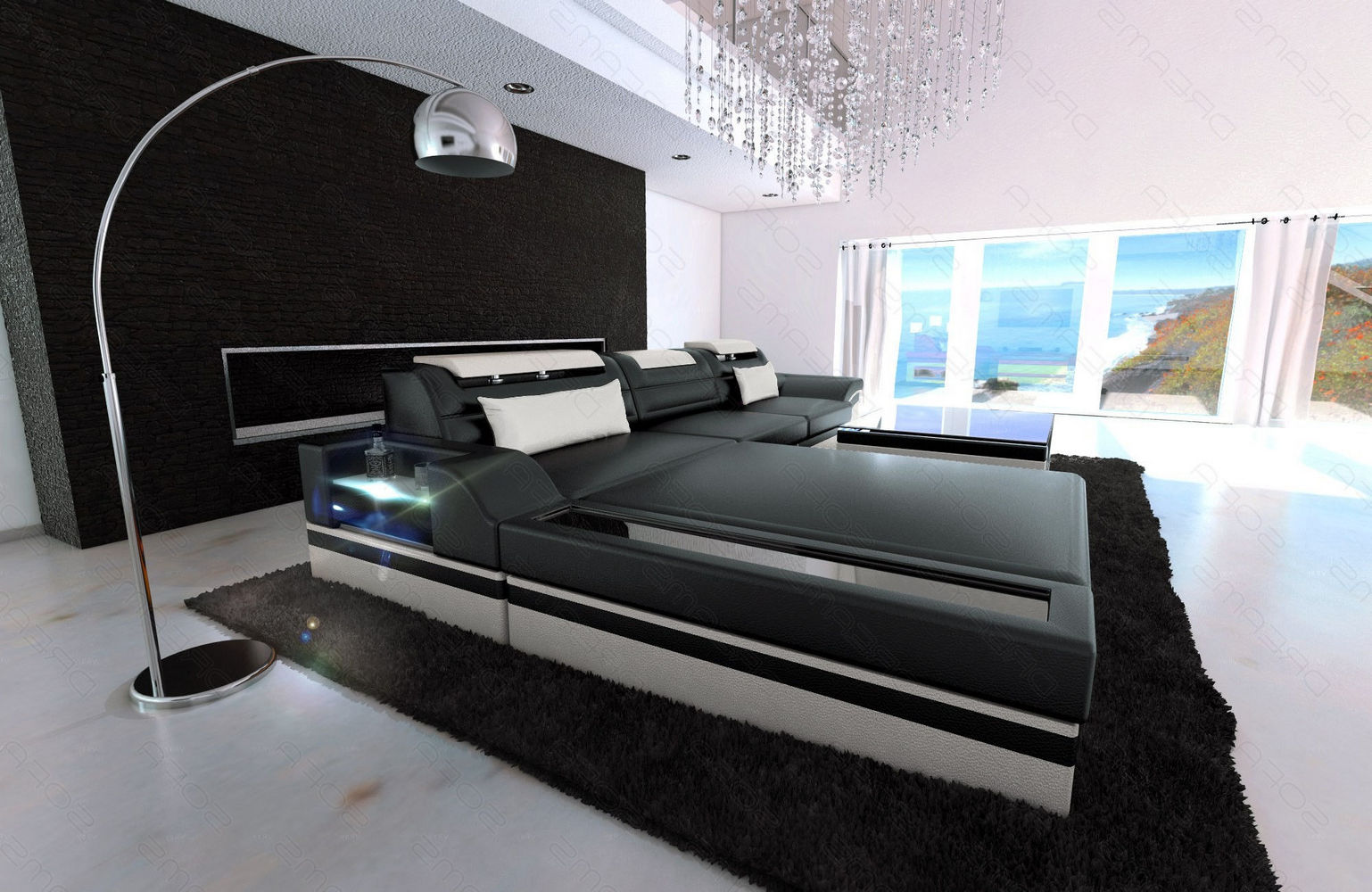 Mini Designer Ledersofa Parma L-Form Schwarz-Weiß