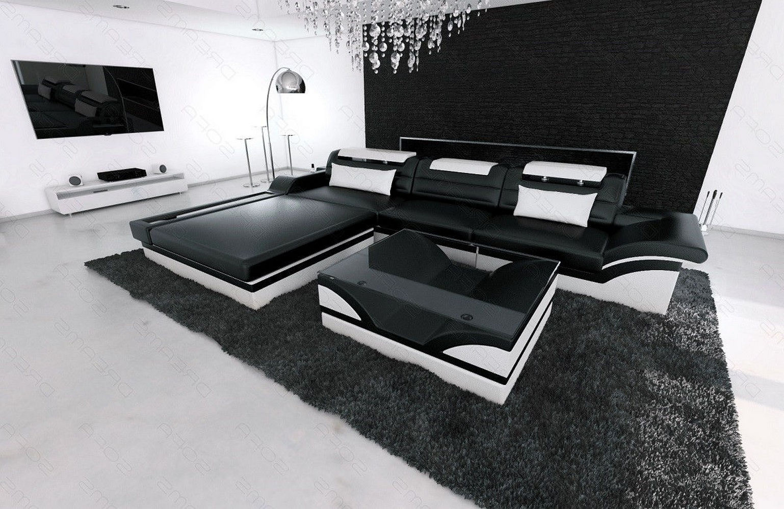 Mini Designer Ledersofa Parma L-Form Schwarz-Weiß