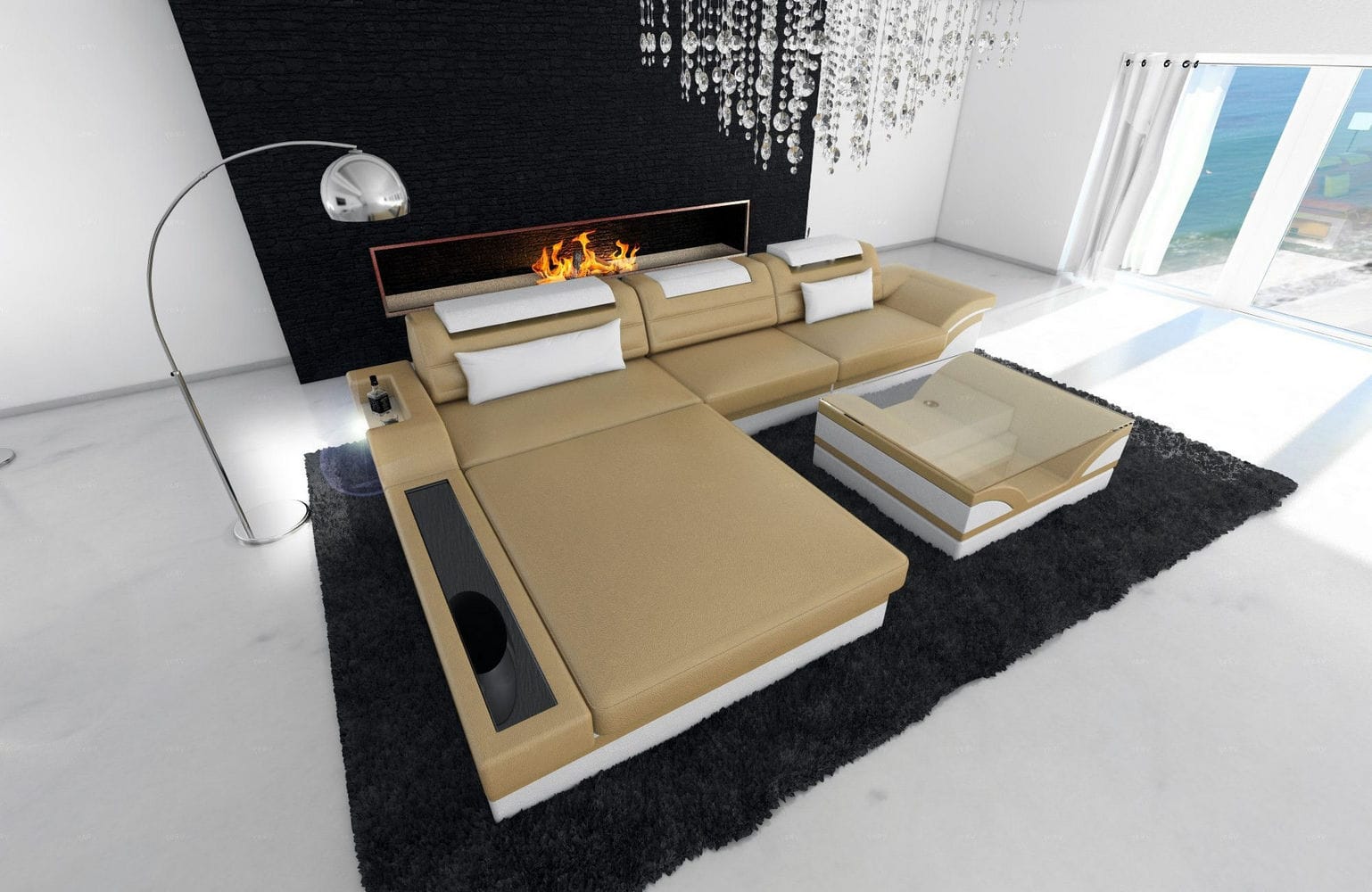 Mini Designer Ledersofa Parma L-Form Sandbeige-Weiß