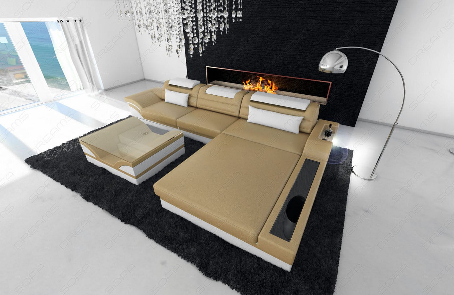 Mini Designer Ledersofa Parma L-Form Sandbeige-Weiß