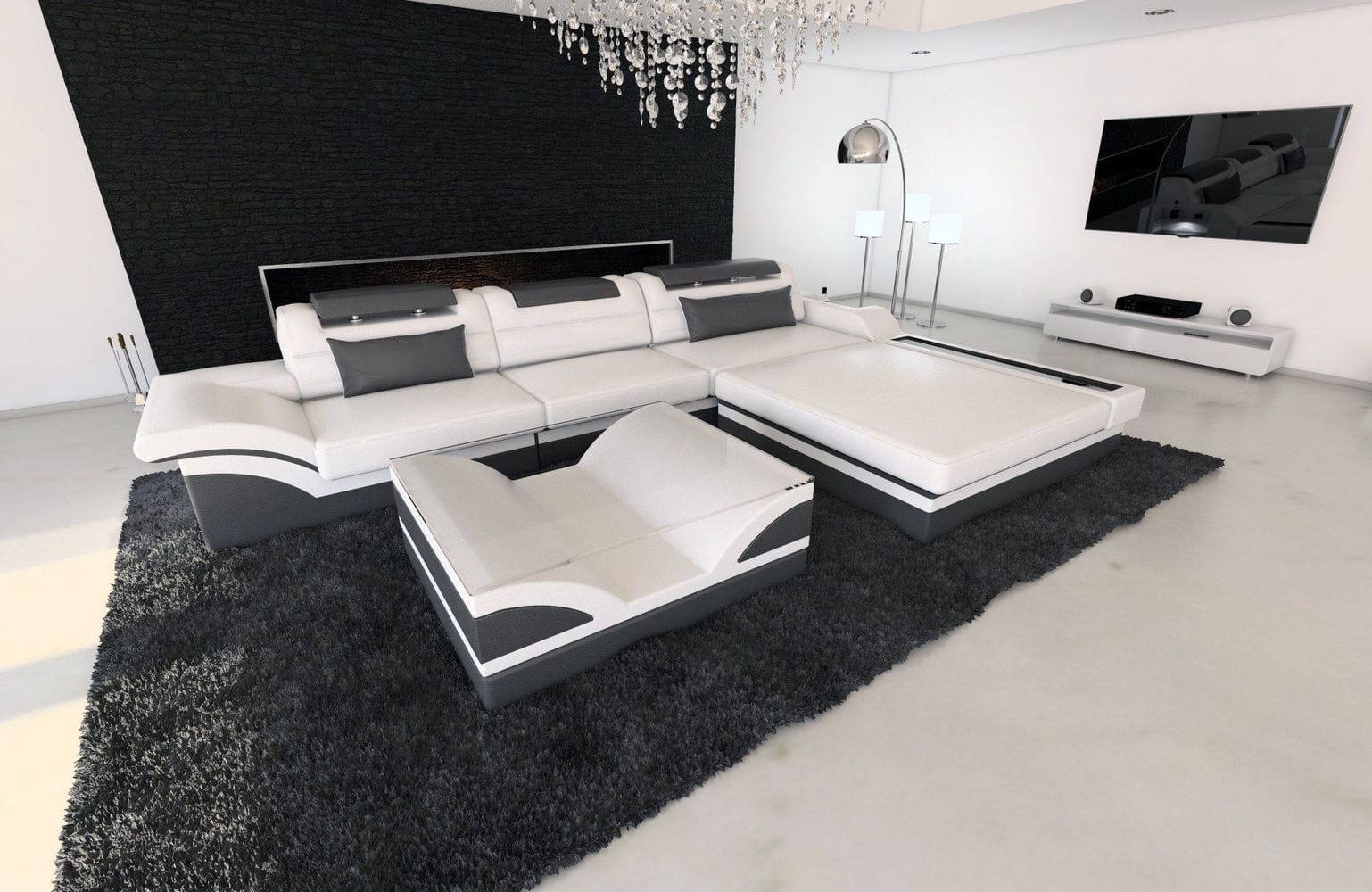Mini Designer Ledersofa Parma L-Form Weiß-Grau