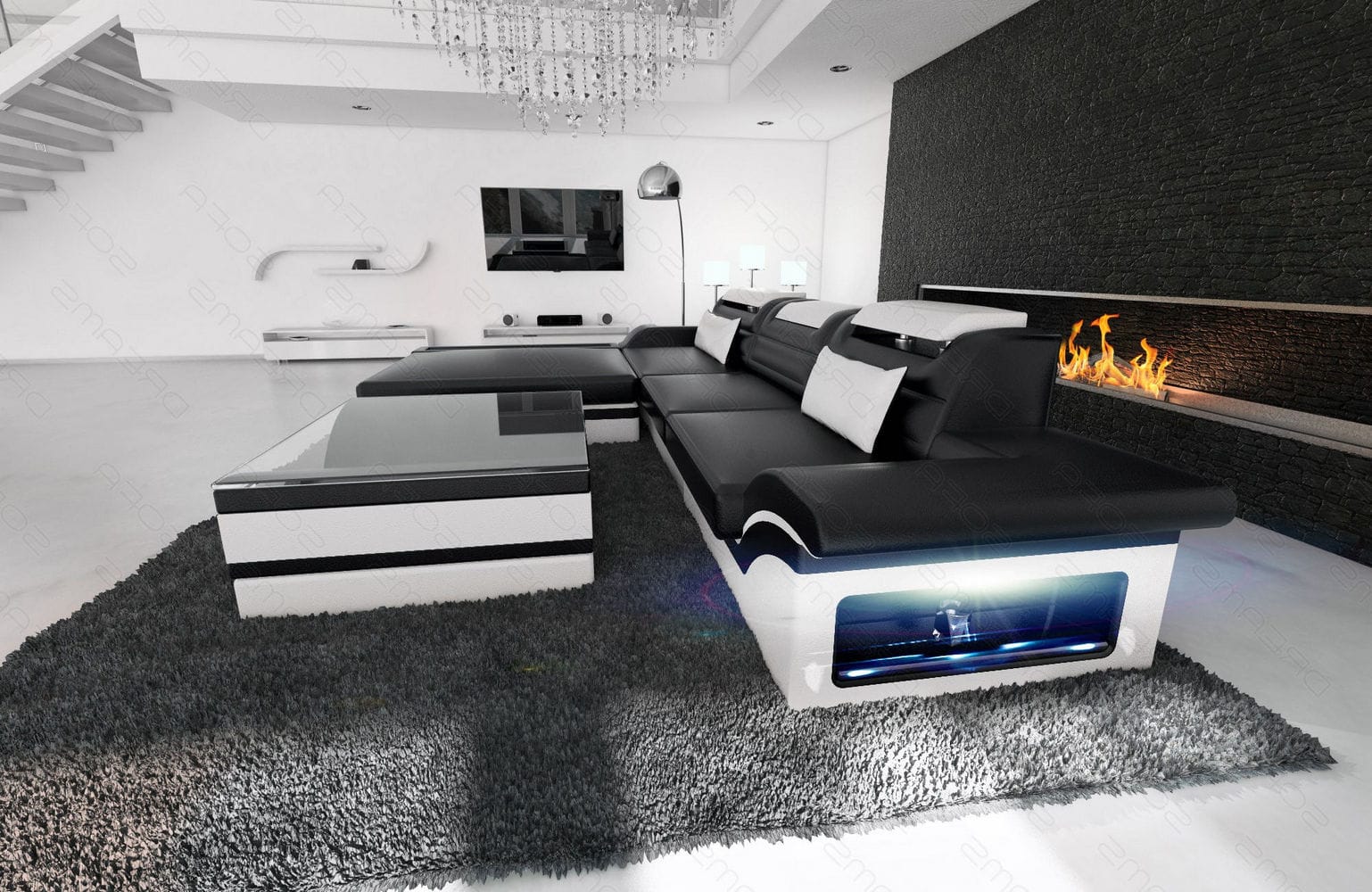 Mini Designer Ledersofa Parma L-Form Schwarz-Weiß
