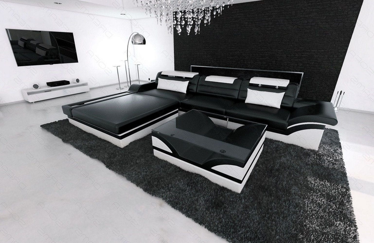 Mini Designer Ledersofa Parma L-Form Schwarz-Weiß