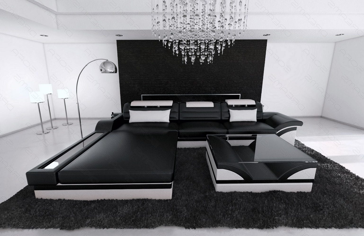 Mini Designer Ledersofa Parma L-Form Schwarz-Weiß