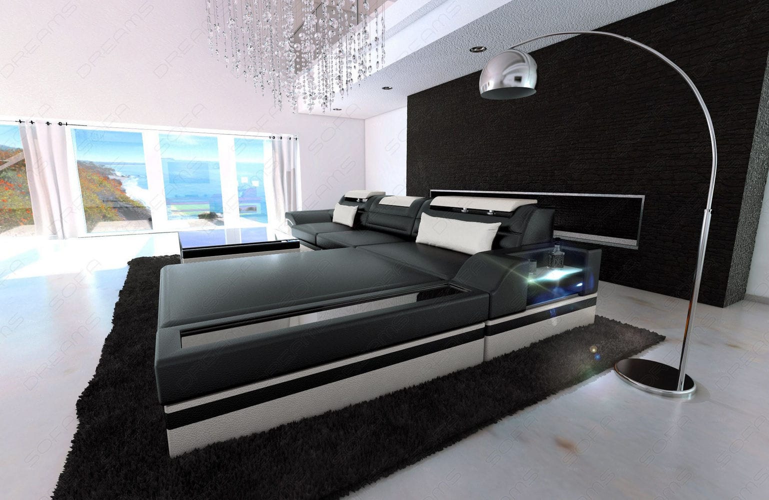 Mini Designer Ledersofa Parma L-Form Schwarz-Weiß
