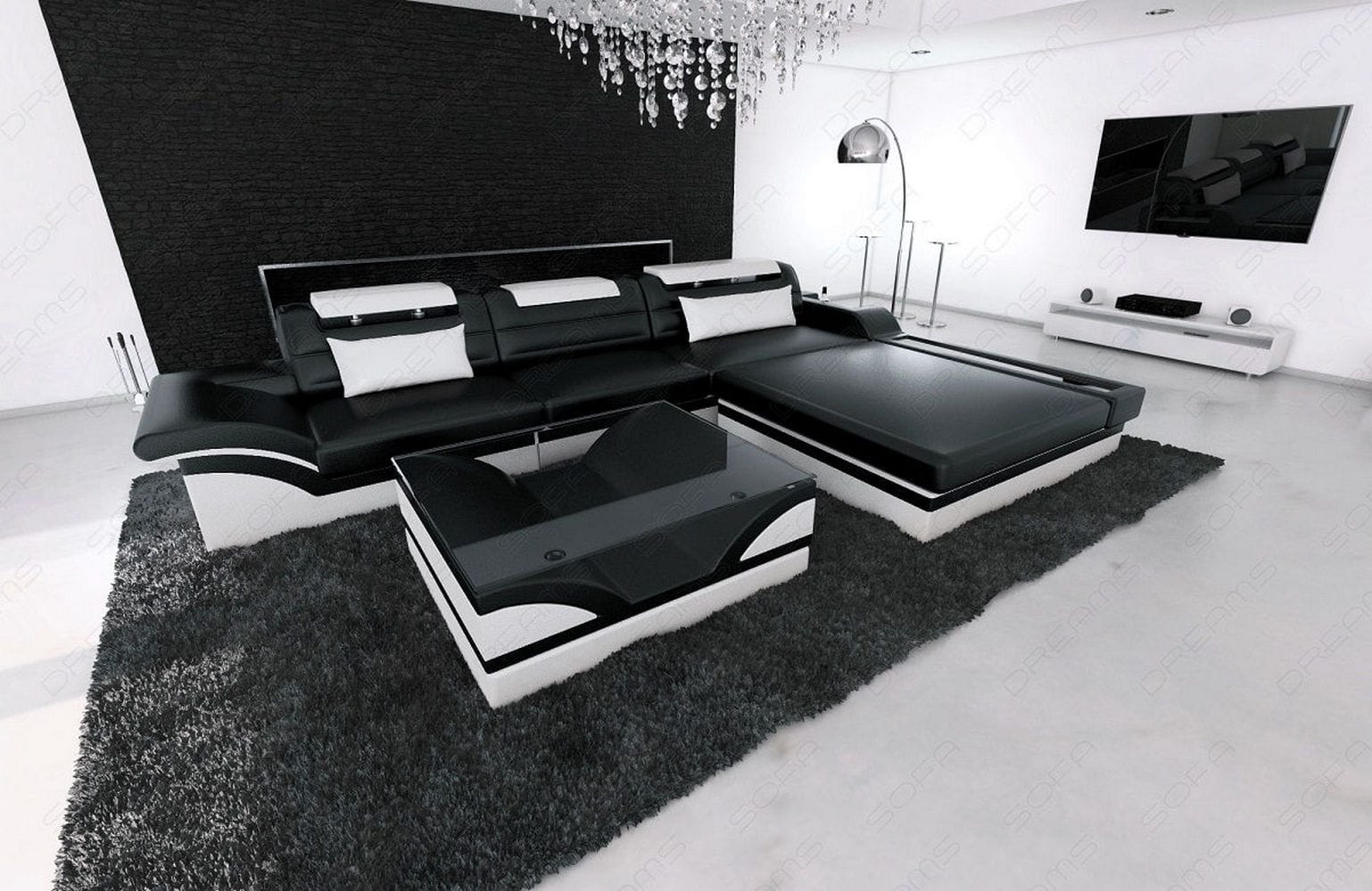 Mini Designer Ledersofa Parma L-Form Schwarz-Weiß