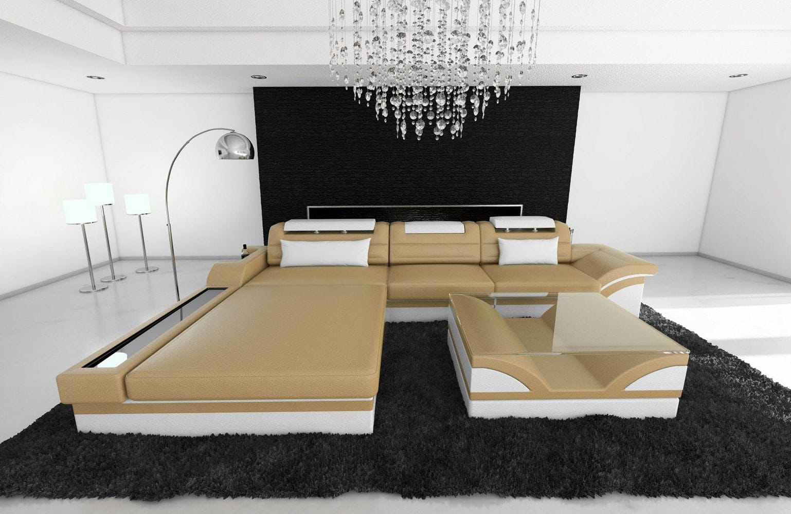 Mini Designer Ledersofa Parma L-Form Sandbeige-Weiß