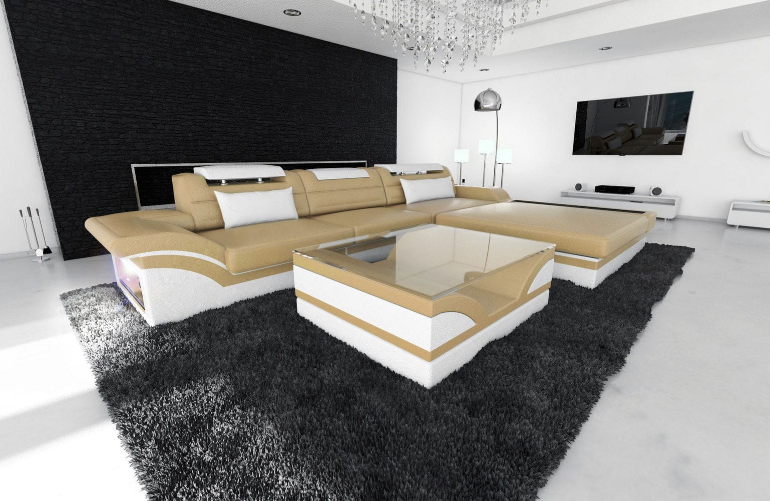 Mini Designer Ledersofa Parma L-Form Sandbeige-Weiß