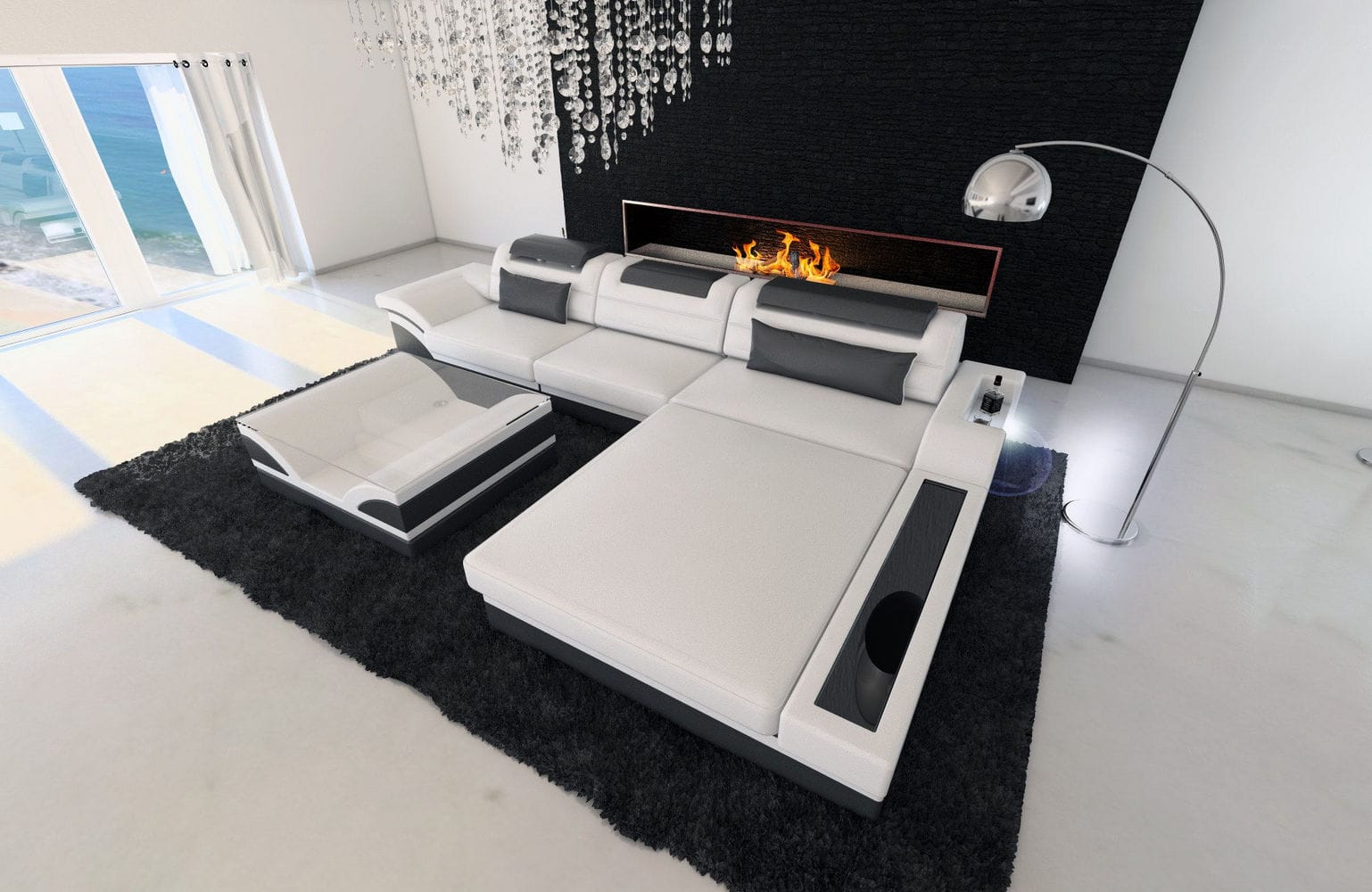Mini Designer Ledersofa Parma L-Form Weiß-Grau