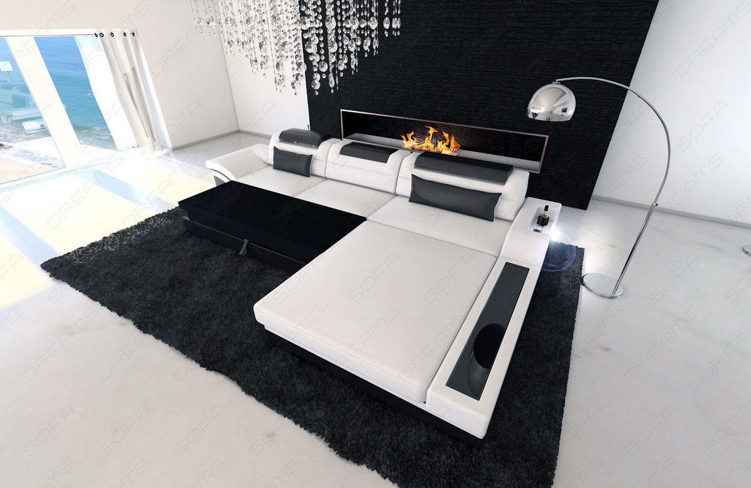 Designer Ledersofa Parma L-Form mit LED schwarz-orange