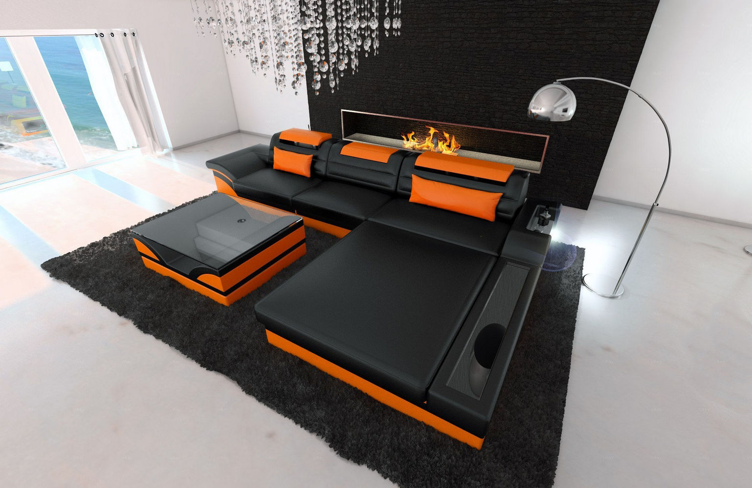 Designer Ledersofa Parma L-Form mit LED schwarz-orange