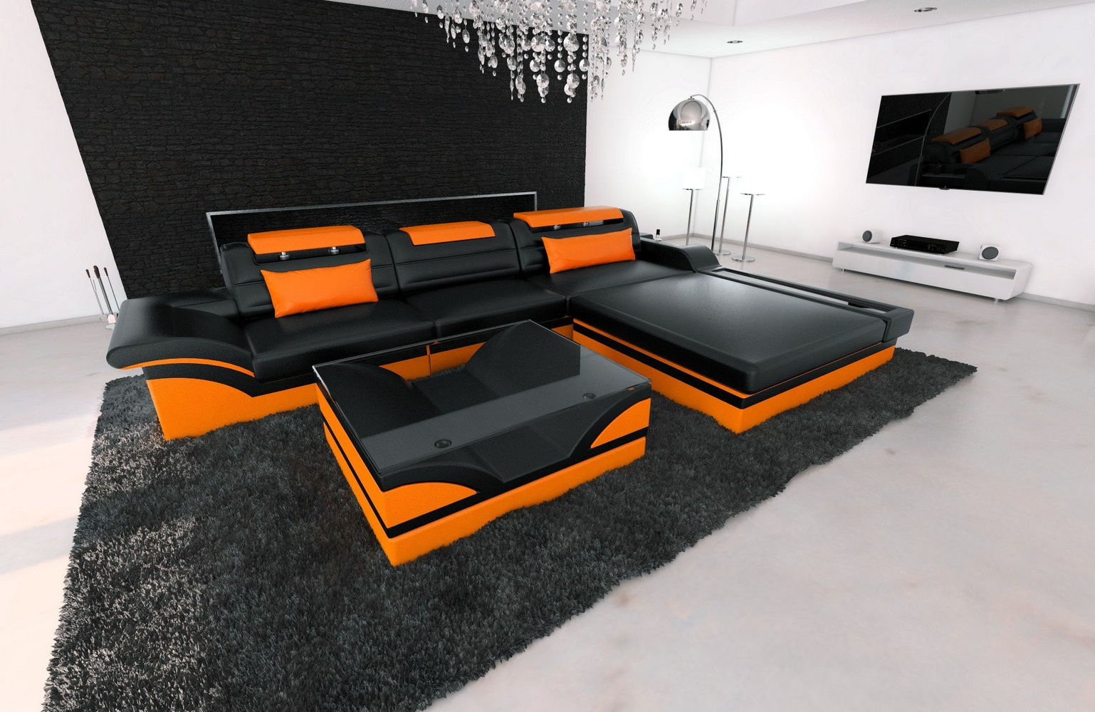 Designer Ledersofa Parma L-Form mit LED schwarz-orange