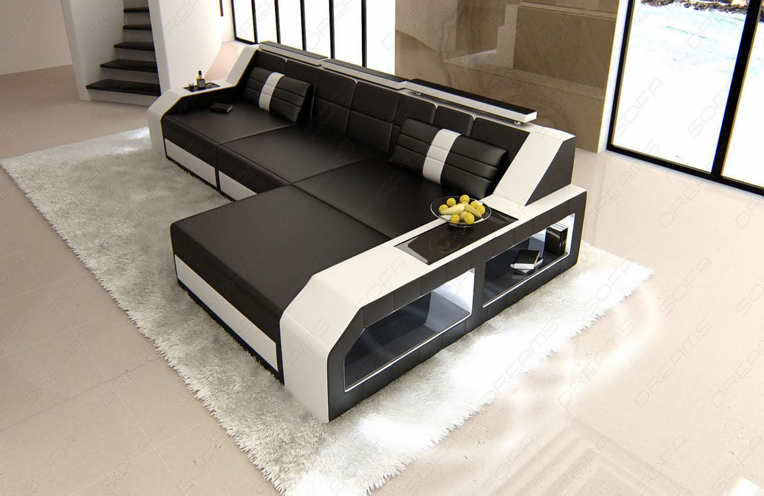 Design Ledersofa Arezzo L-Form mit LED schwarz-weiß