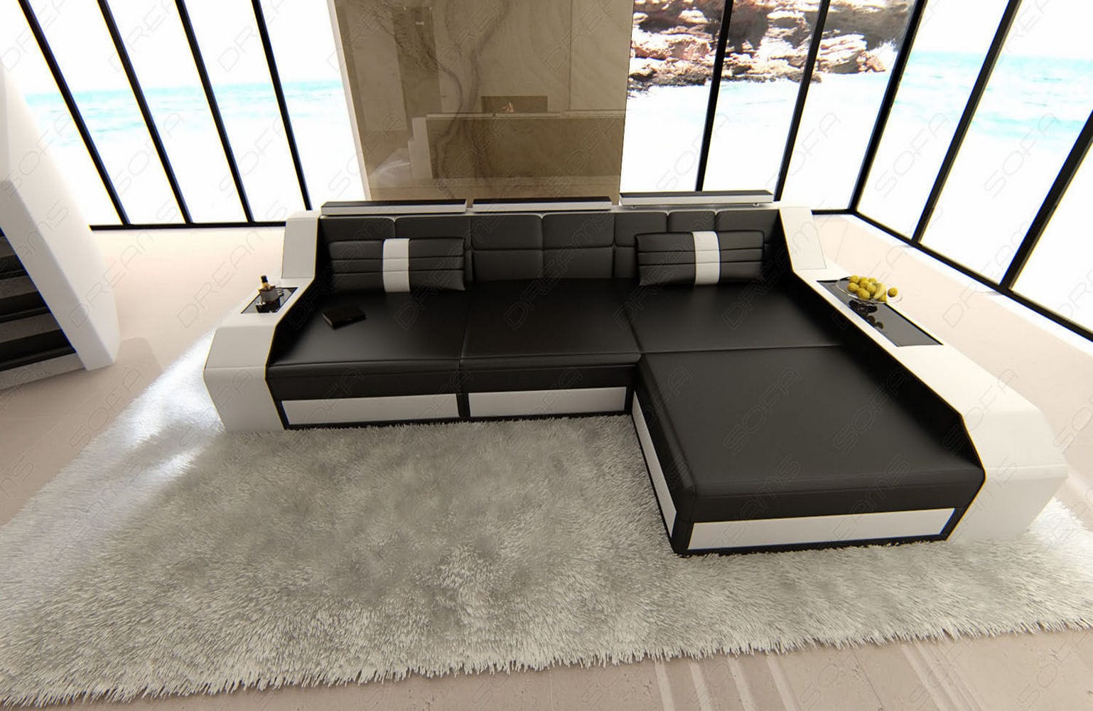 Design Ledersofa Arezzo L-Form mit LED schwarz-weiß
