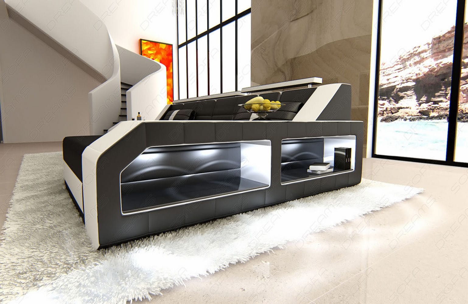 Design Ledersofa Arezzo L-Form mit LED schwarz-weiß