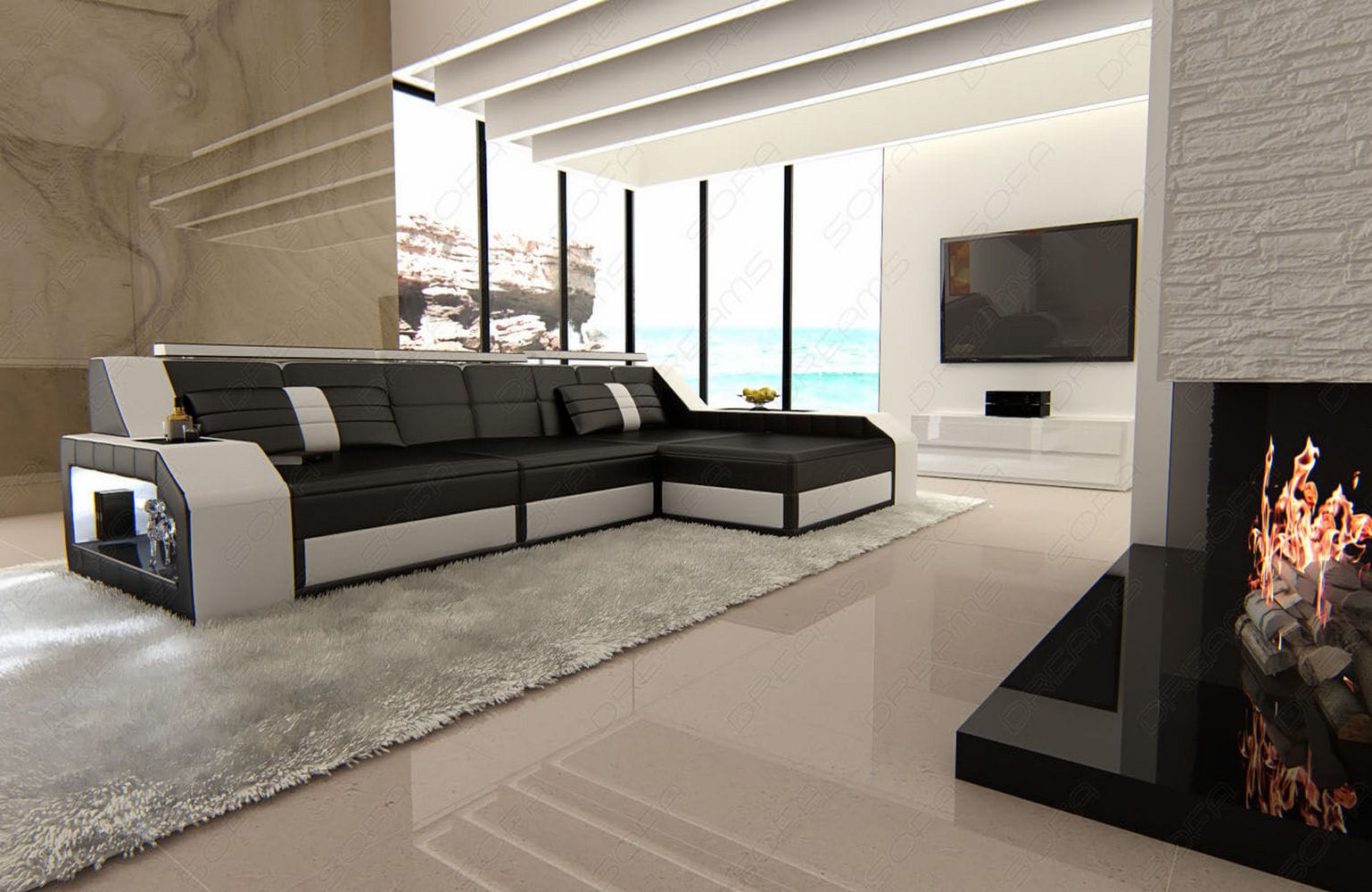 Design Ledersofa Arezzo L-Form mit LED schwarz-weiß