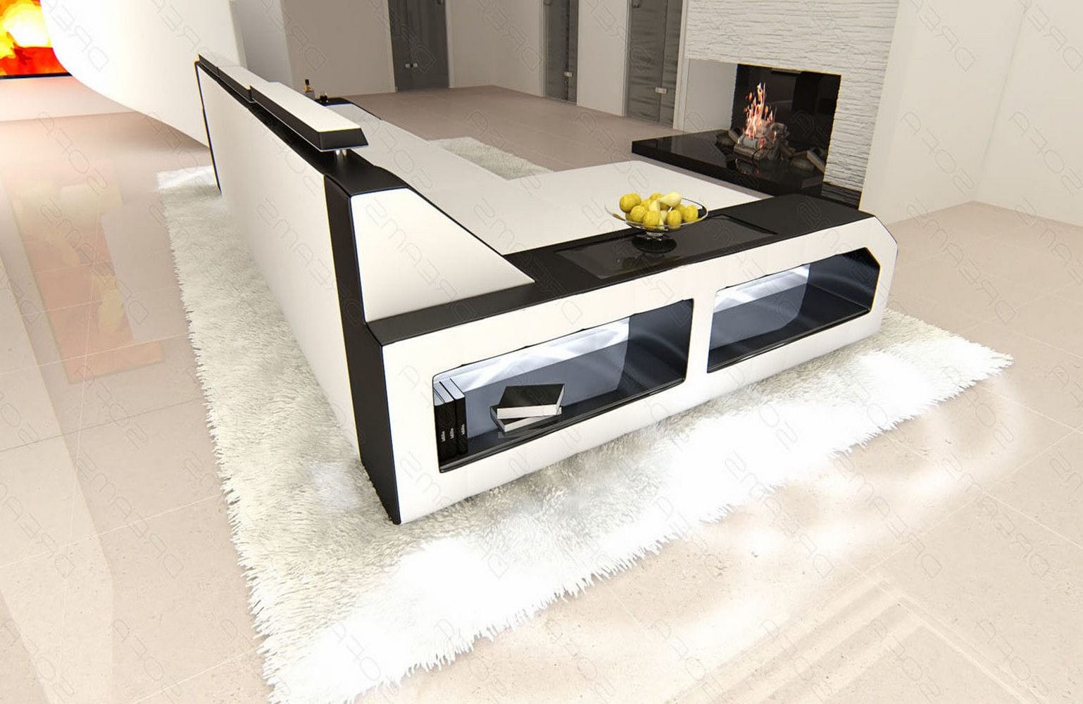Design Ledersofa Arezzo L-Form mit LED weiß-schwarz
