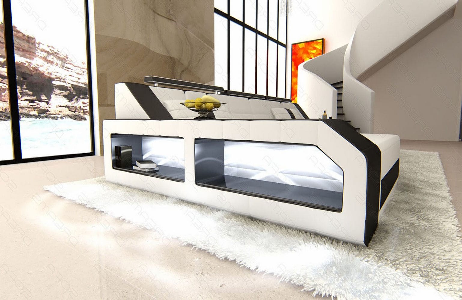 Design Ledersofa Arezzo L-Form mit LED weiß-schwarz