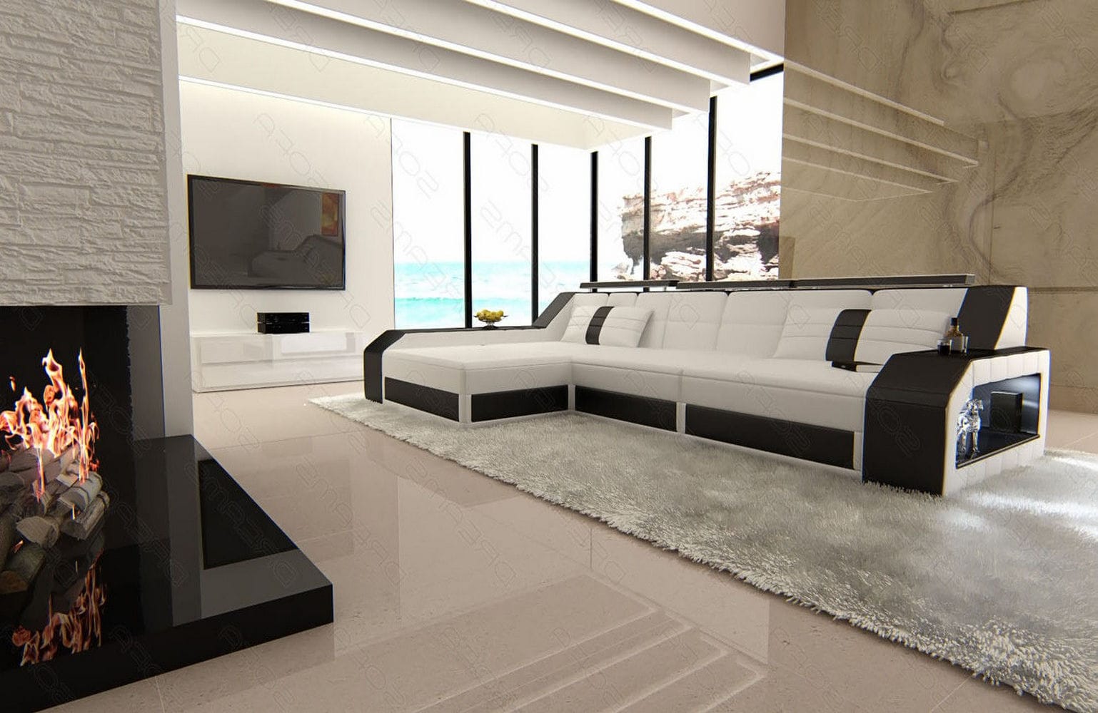 Design Ledersofa Arezzo L-Form mit LED weiß-schwarz