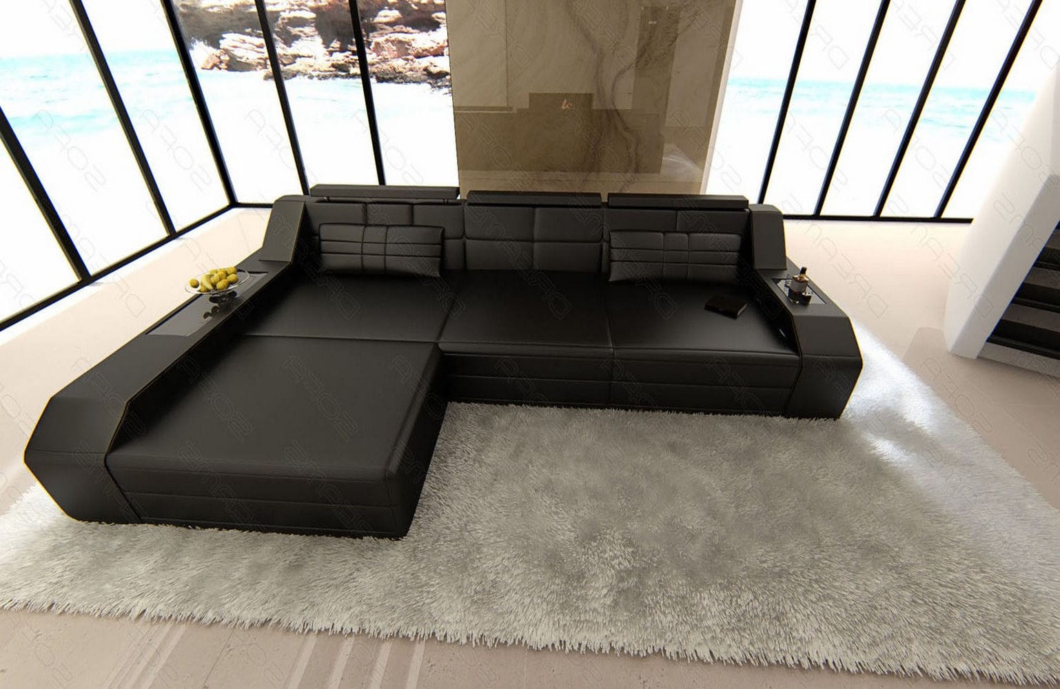Design Ledersofa Arezzo L-Form mit LED schwarz
