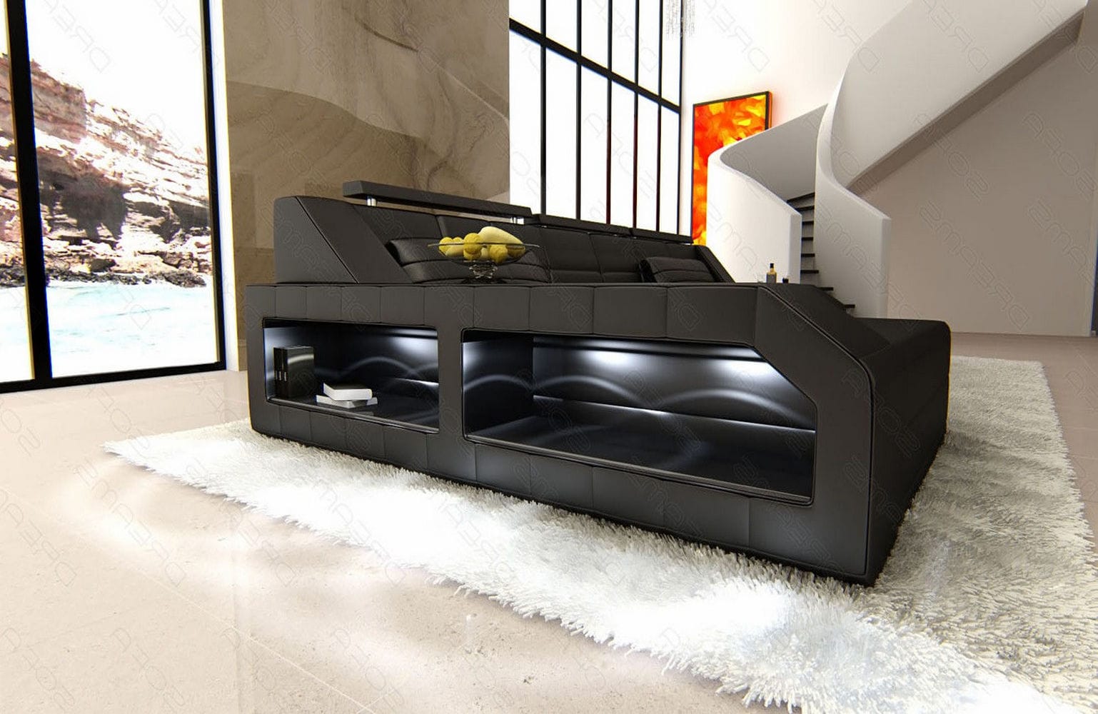 Design Ledersofa Arezzo L-Form mit LED schwarz