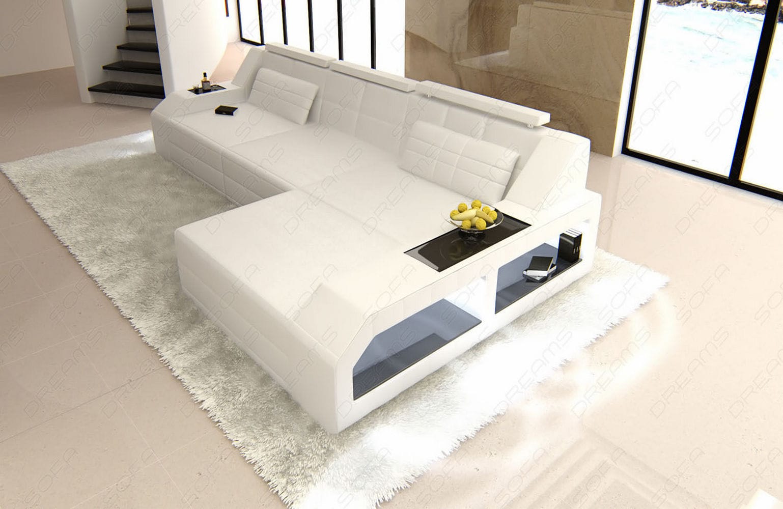 Design Ledersofa Arezzo L-Form mit LED weiß