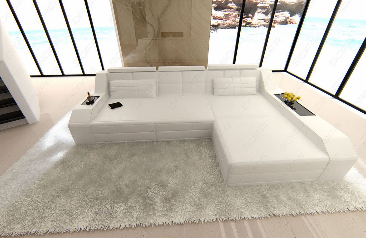 Design Ledersofa Arezzo L-Form mit LED weiß