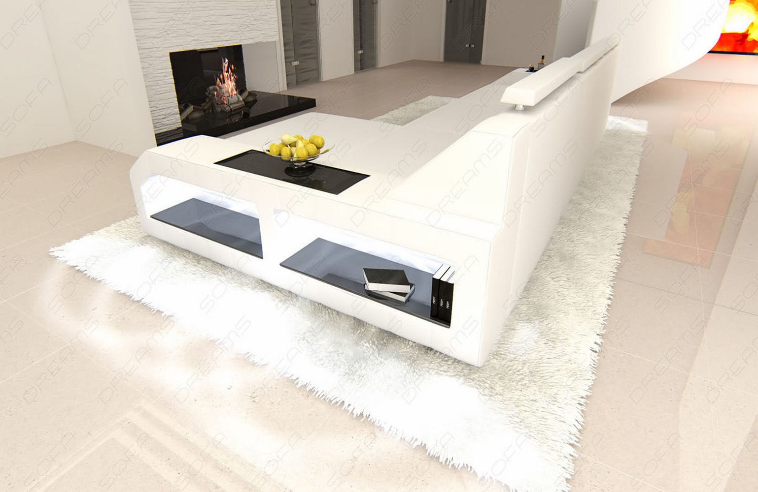 Design Ledersofa Arezzo L-Form mit LED weiß