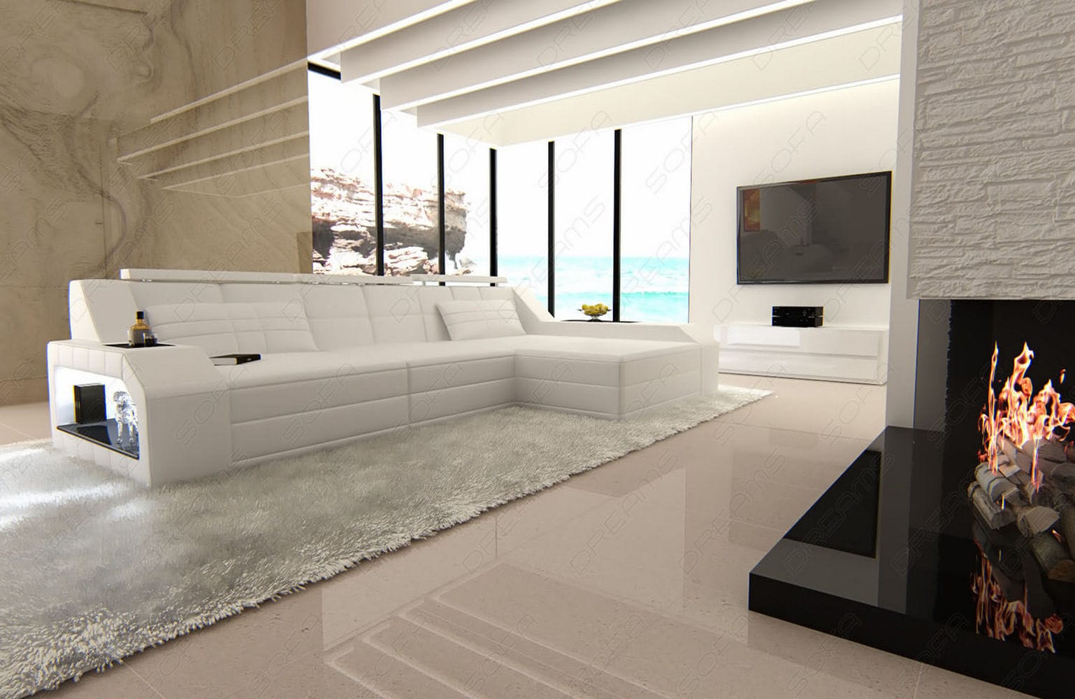 Design Ledersofa Arezzo L-Form mit LED weiß