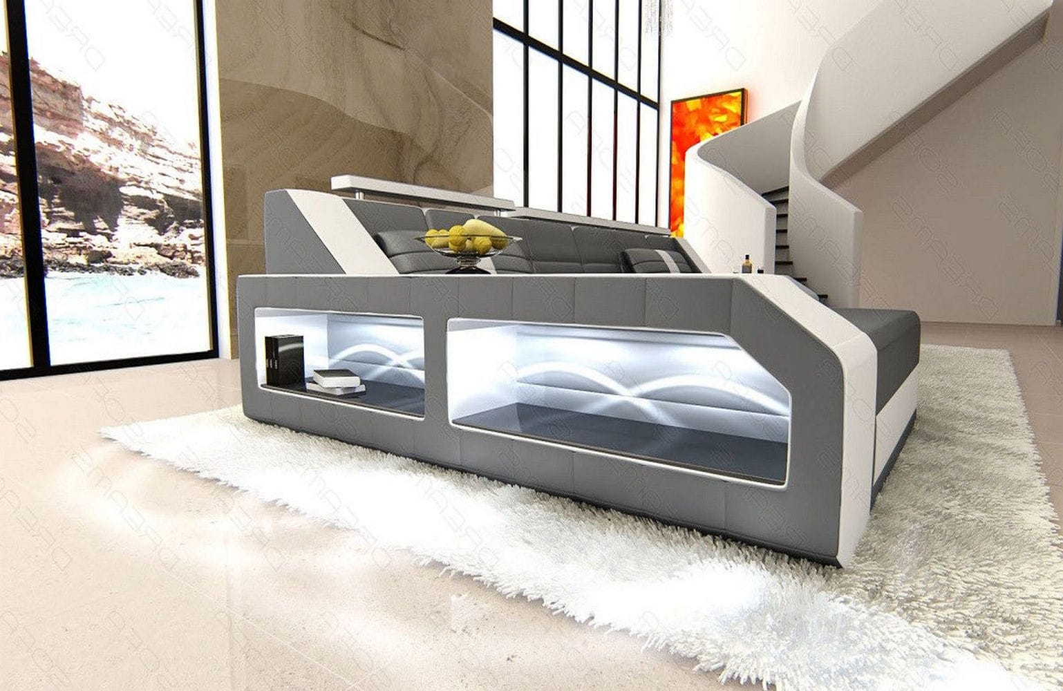 Design Ledersofa Arezzo L-Form mit LED grau-weiß