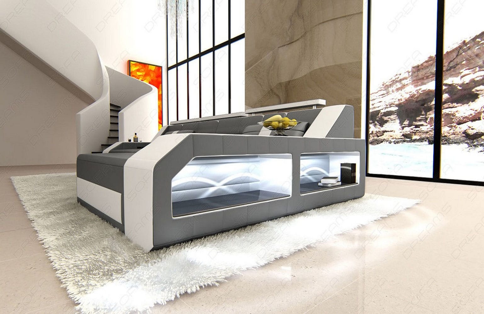 Design Ledersofa Arezzo L-Form mit LED grau-weiß