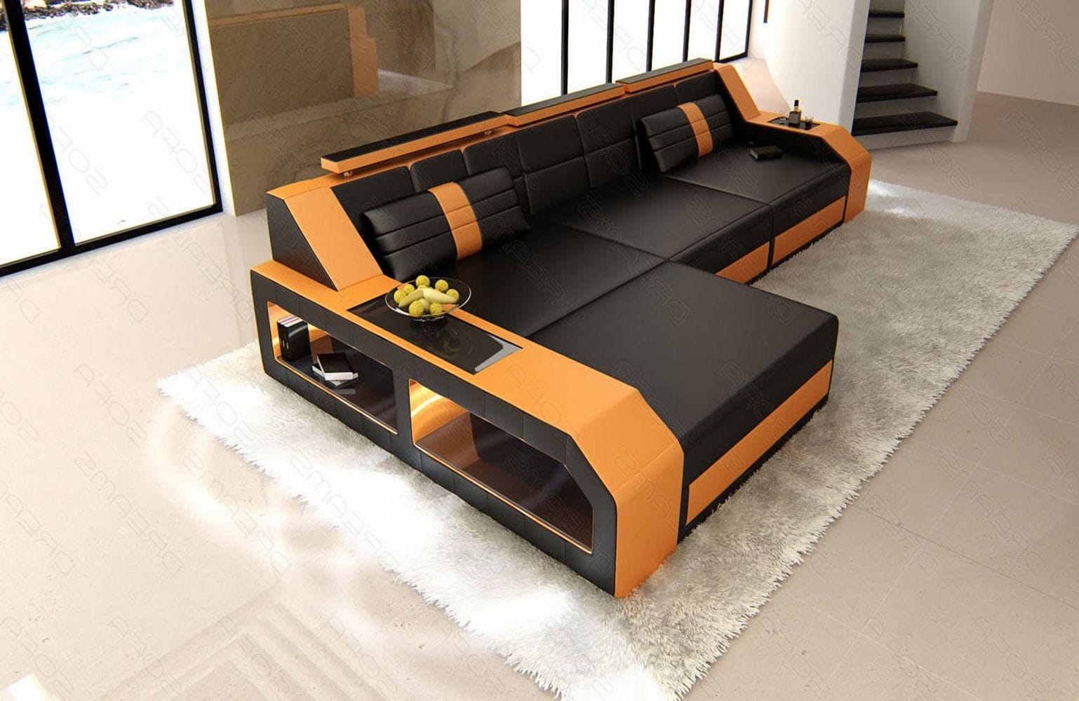 Design Ledersofa Arezzo L-Form mit LED schwarz-orange