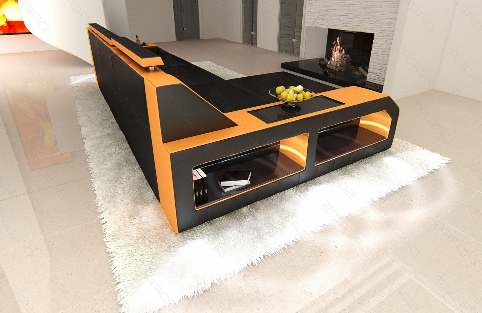 Design Ledersofa Arezzo L-Form mit LED schwarz-orange