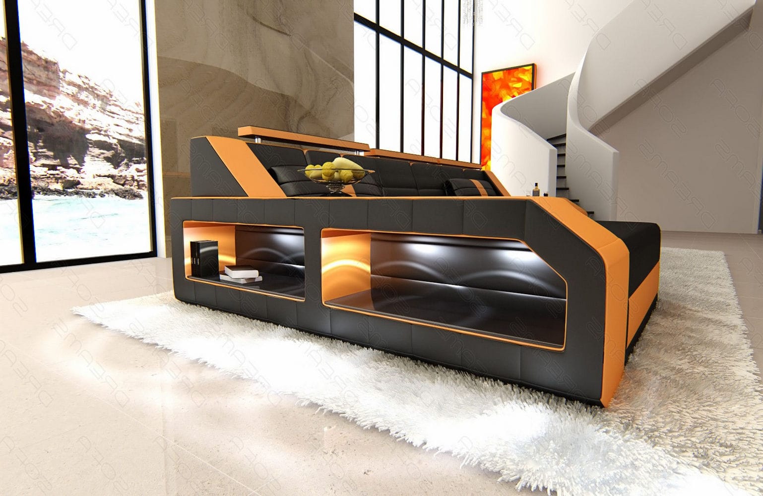 Design Ledersofa Arezzo L-Form mit LED schwarz-orange