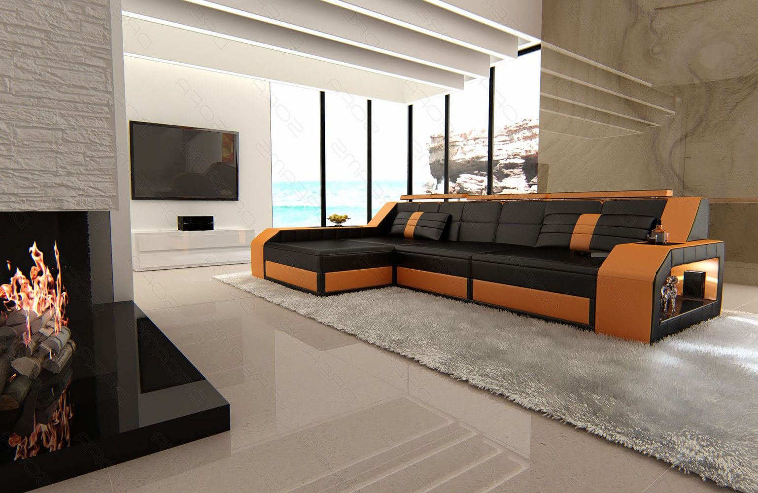 Design Ledersofa Arezzo L-Form mit LED schwarz-orange