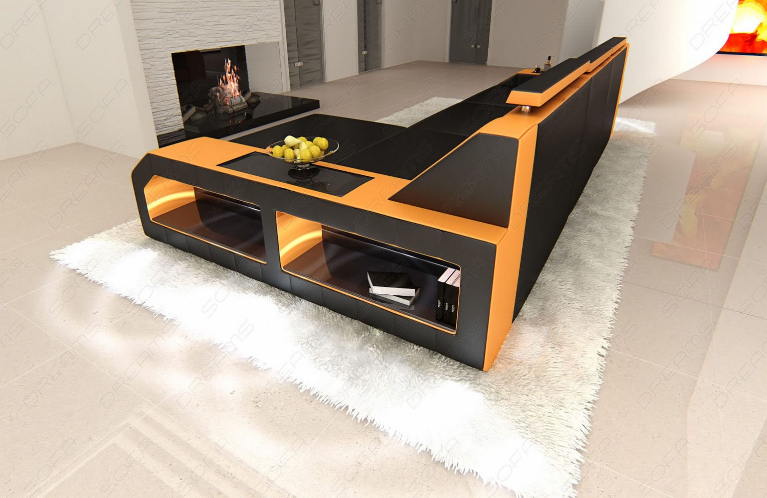 Design Ledersofa Arezzo L-Form mit LED schwarz-orange