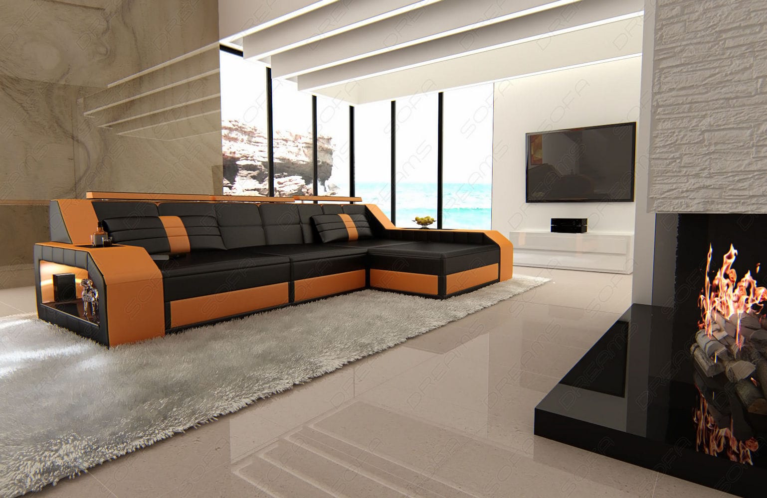 Design Ledersofa Arezzo L-Form mit LED schwarz-orange