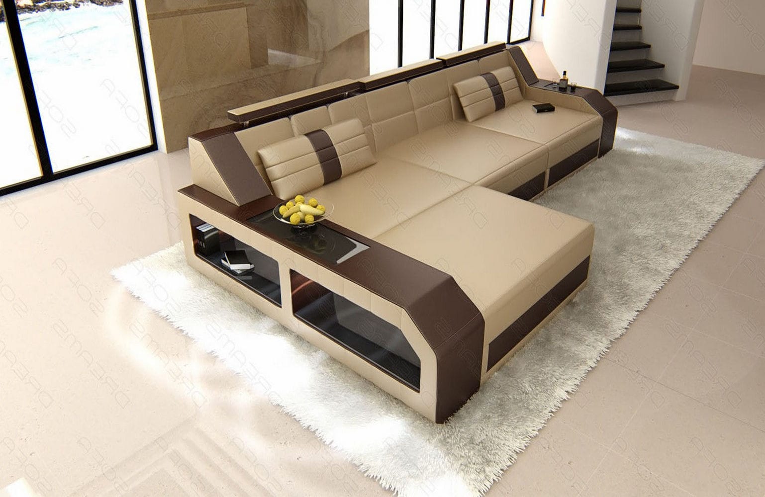 Design Ledersofa Arezzo L-Form mit LED sandbeige-dunkelbraun