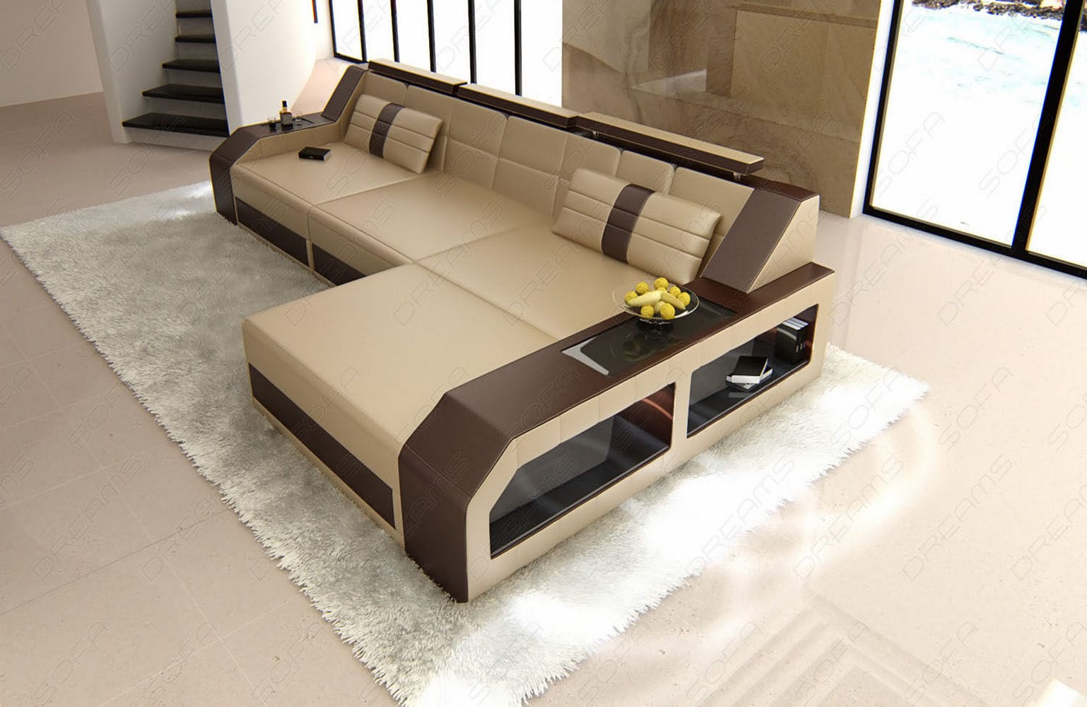 Design Ledersofa Arezzo L-Form mit LED sandbeige-dunkelbraun