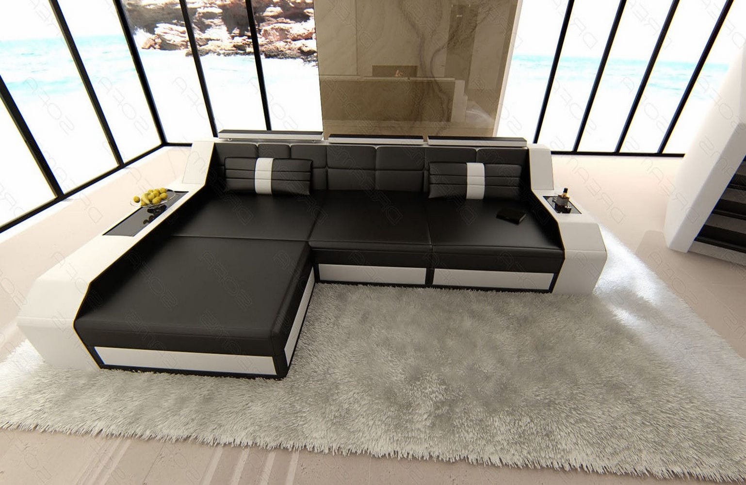 Design Ledersofa Arezzo L-Form mit LED schwarz-weiß