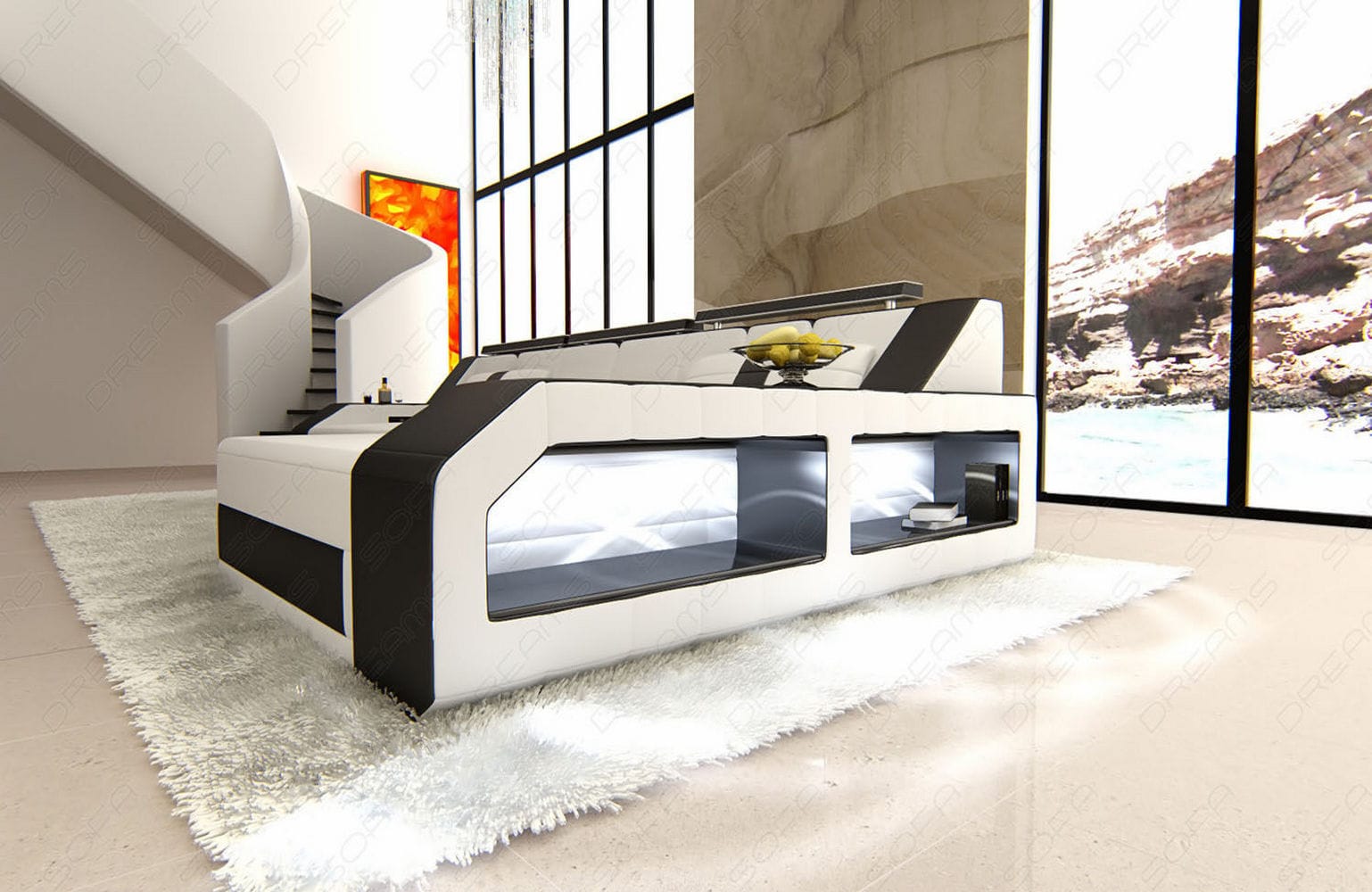 Design Ledersofa Arezzo L-Form mit LED weiß-schwarz