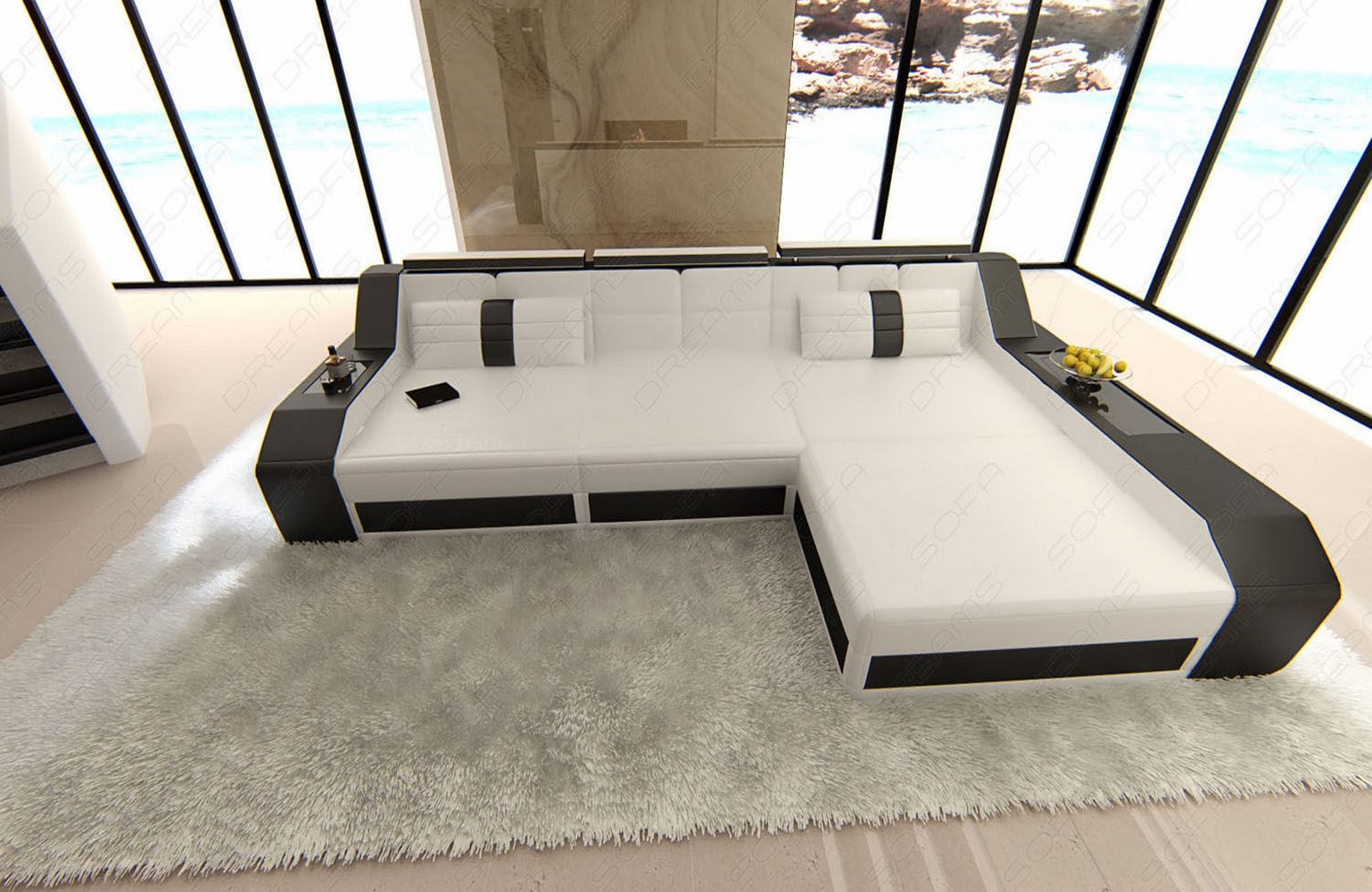 Design Ledersofa Arezzo L-Form mit LED weiß-schwarz
